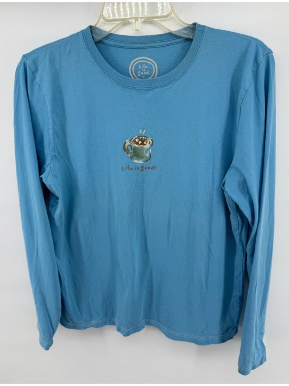 Life Is Good Womens Small Long Sleeve Blue Shirt Featuring Hot Cocoa Graphic